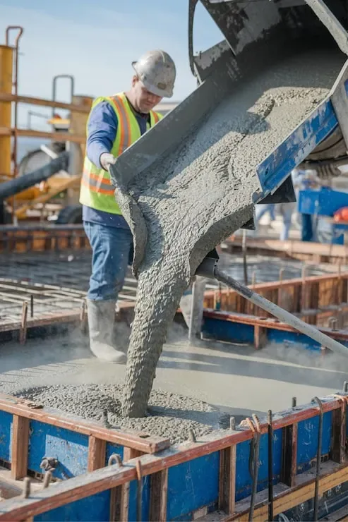Concreto saindo pela calha do caminhão betoneira direto na fôrma