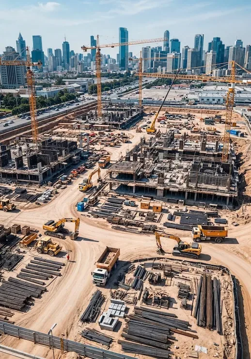 Canteiro de obra com fundações e estruturas em concreto